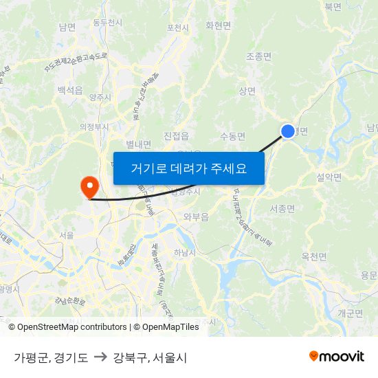 가평군, 경기도 to 강북구, 서울시 map