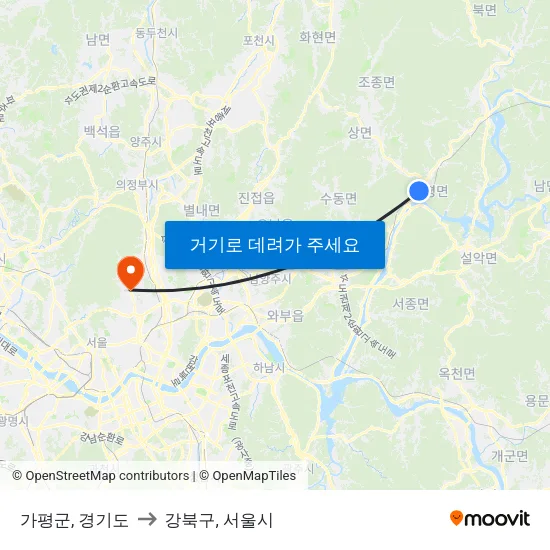 가평군, 경기도 to 강북구, 서울시 map