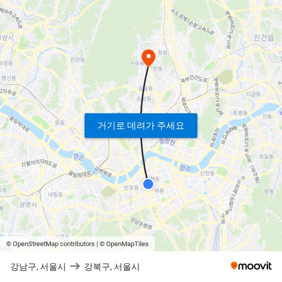 강남구, 서울시 to 강북구, 서울시 map