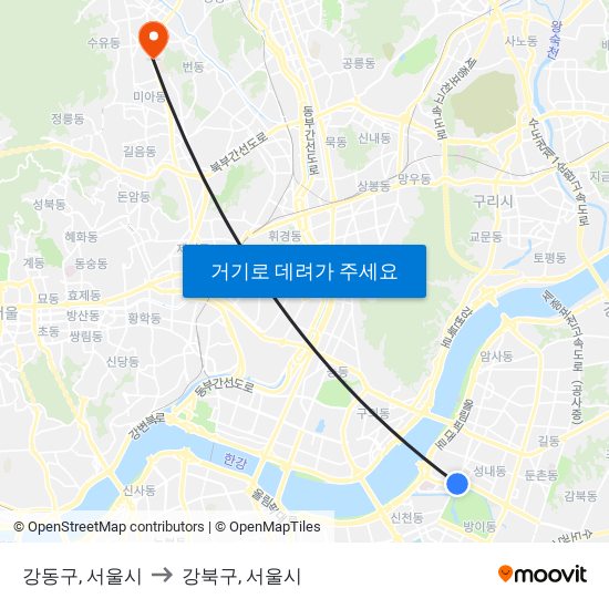 강동구, 서울시 to 강북구, 서울시 map