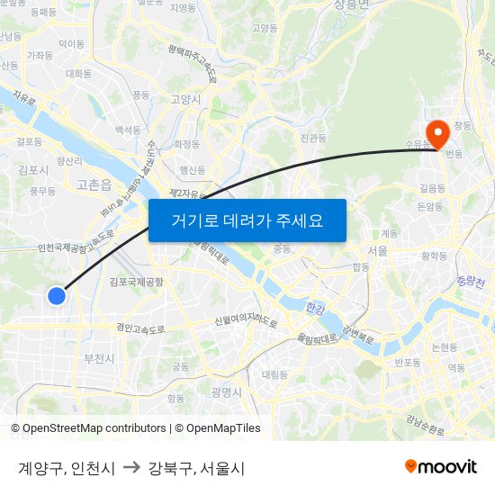 계양구, 인천시 to 강북구, 서울시 map