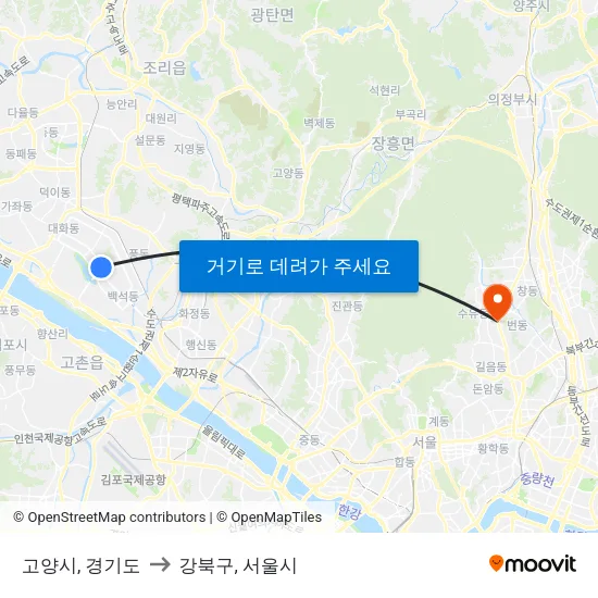 고양시, 경기도 to 강북구, 서울시 map
