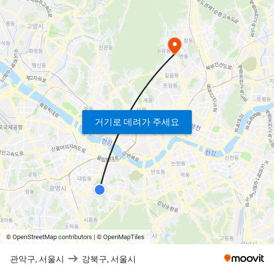 관악구, 서울시 to 강북구, 서울시 map