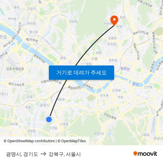 광명시, 경기도 to 강북구, 서울시 map