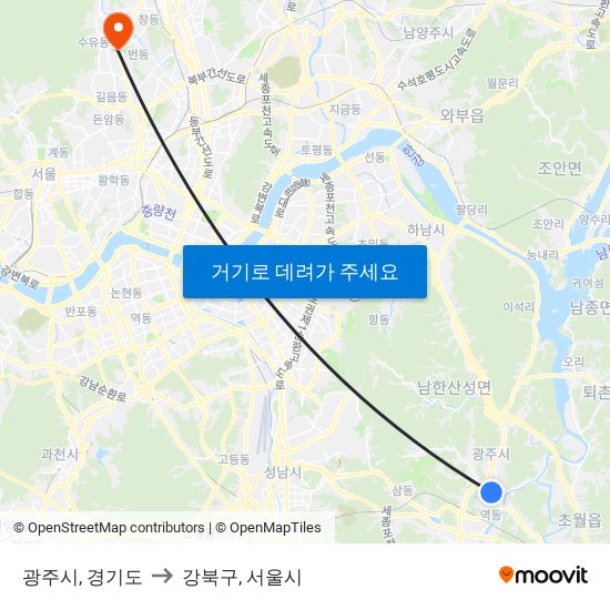 광주시, 경기도 to 강북구, 서울시 map