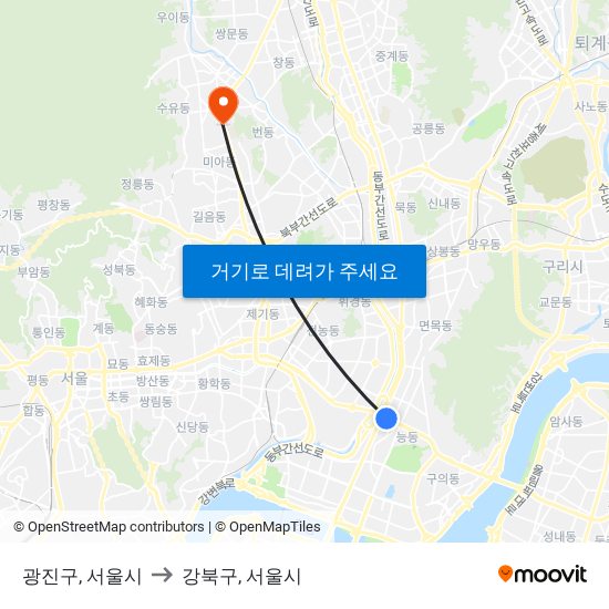 광진구, 서울시 to 강북구, 서울시 map
