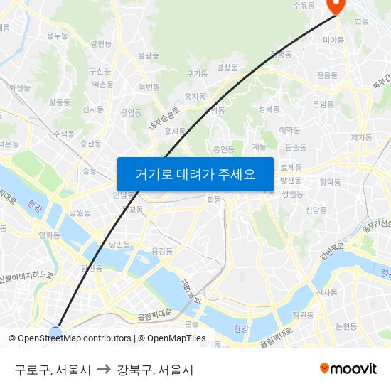 구로구, 서울시 to 강북구, 서울시 map