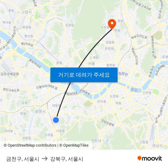 금천구, 서울시 to 강북구, 서울시 map