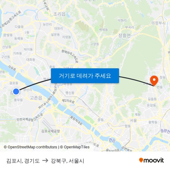 김포시, 경기도 to 강북구, 서울시 map