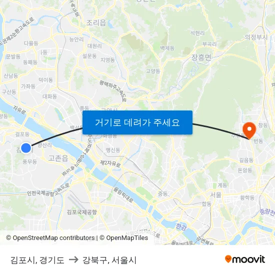 김포시, 경기도 to 강북구, 서울시 map