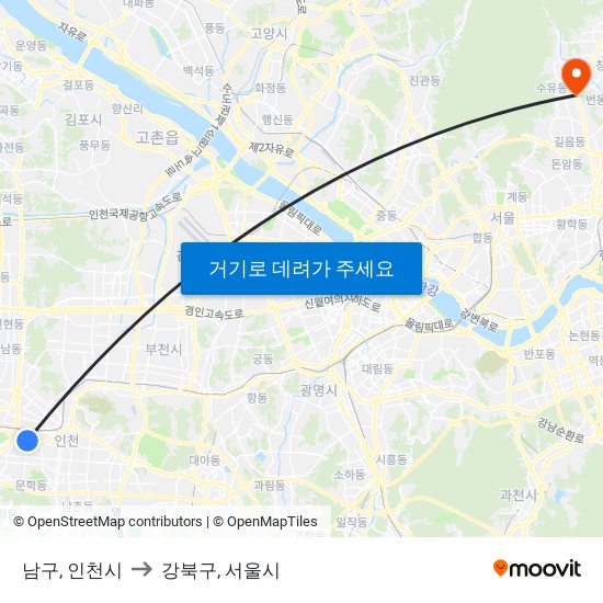 남구, 인천시 to 강북구, 서울시 map