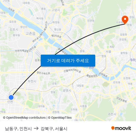 남동구, 인천시 to 강북구, 서울시 map