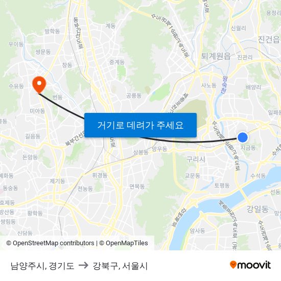 남양주시, 경기도 to 강북구, 서울시 map