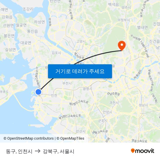동구, 인천시 to 강북구, 서울시 map