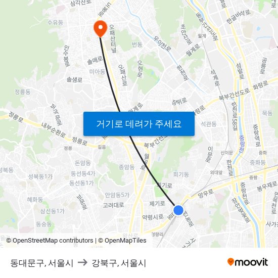 동대문구, 서울시 to 강북구, 서울시 map