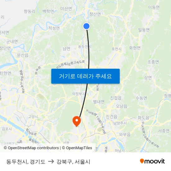 동두천시, 경기도 to 강북구, 서울시 map