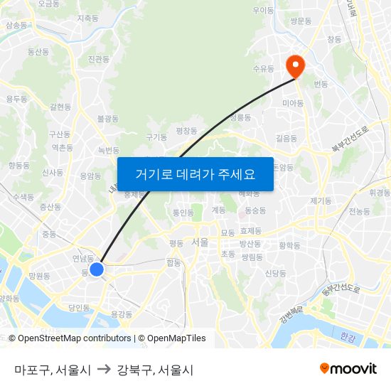 마포구, 서울시 to 강북구, 서울시 map