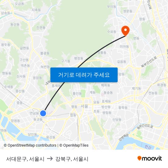 서대문구, 서울시 to 강북구, 서울시 map