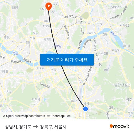 성남시, 경기도 to 강북구, 서울시 map
