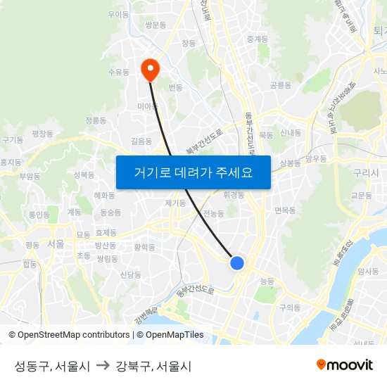 성동구, 서울시 to 강북구, 서울시 map