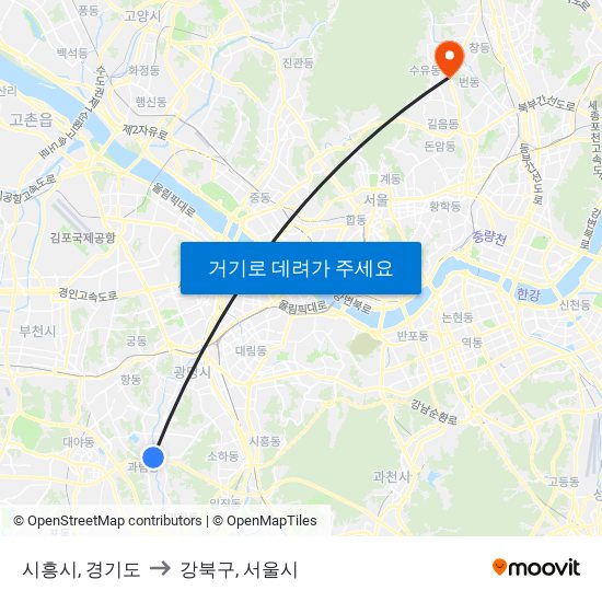 시흥시, 경기도 to 강북구, 서울시 map