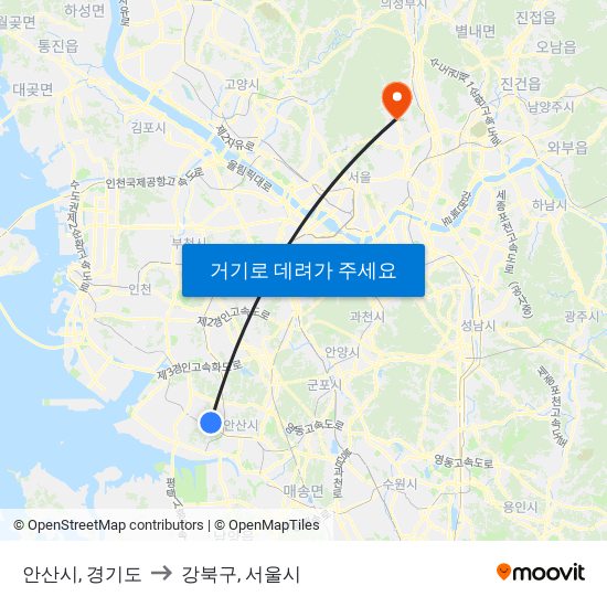 안산시, 경기도 to 강북구, 서울시 map