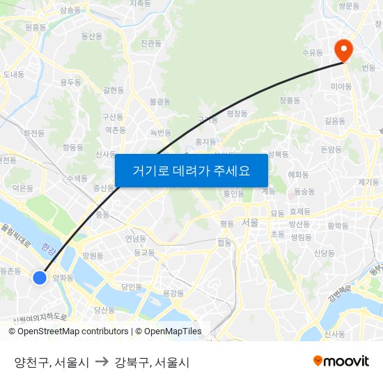 양천구, 서울시 to 강북구, 서울시 map