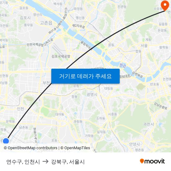 연수구, 인천시 to 강북구, 서울시 map