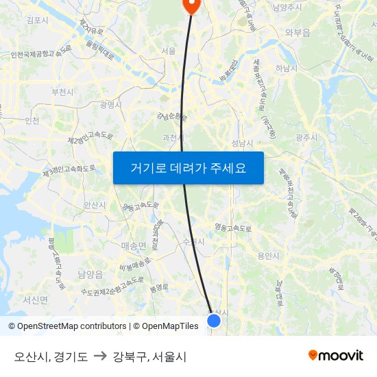 오산시, 경기도 to 강북구, 서울시 map