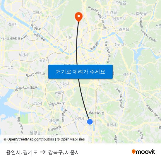 용인시, 경기도 to 강북구, 서울시 map