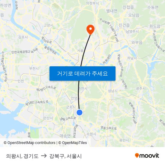 의왕시, 경기도 to 강북구, 서울시 map