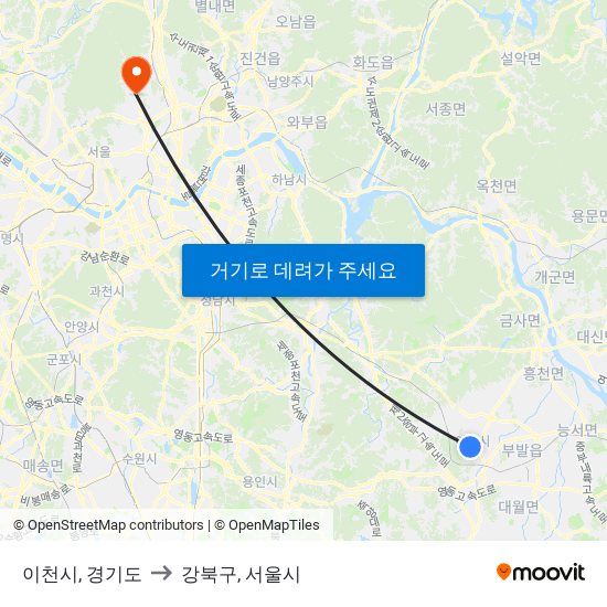 이천시, 경기도 to 강북구, 서울시 map