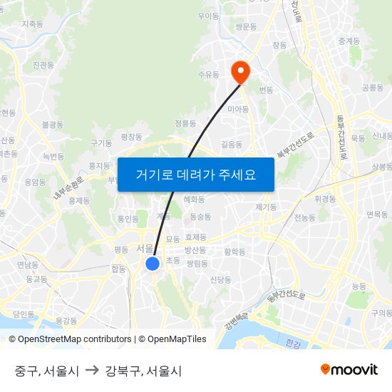 중구, 서울시 to 강북구, 서울시 map