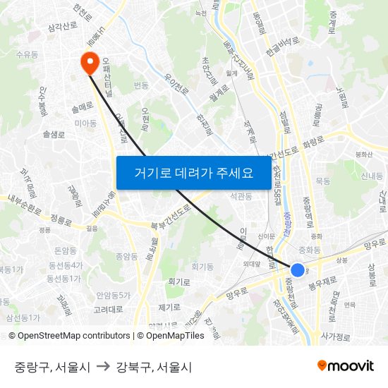 중랑구, 서울시 to 강북구, 서울시 map