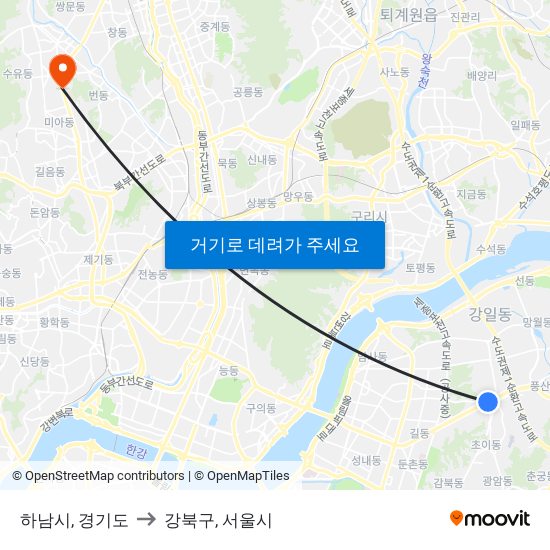 하남시, 경기도 to 강북구, 서울시 map