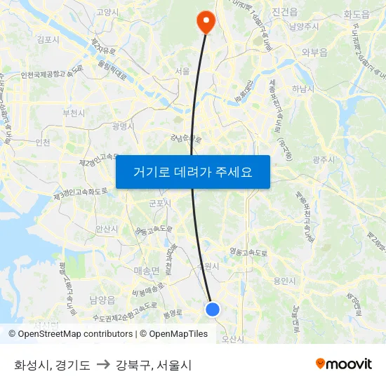 화성시, 경기도 to 강북구, 서울시 map