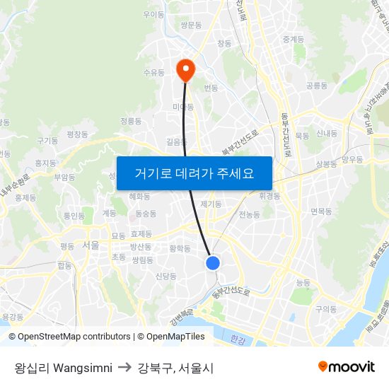 왕십리 Wangsimni to 강북구, 서울시 map