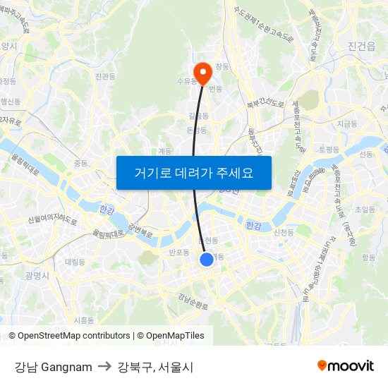 강남 Gangnam to 강북구, 서울시 map
