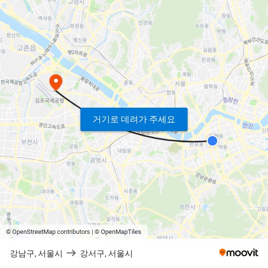 강남구, 서울시 to 강서구, 서울시 map