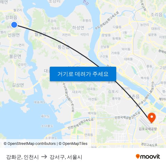강화군, 인천시 to 강서구, 서울시 map