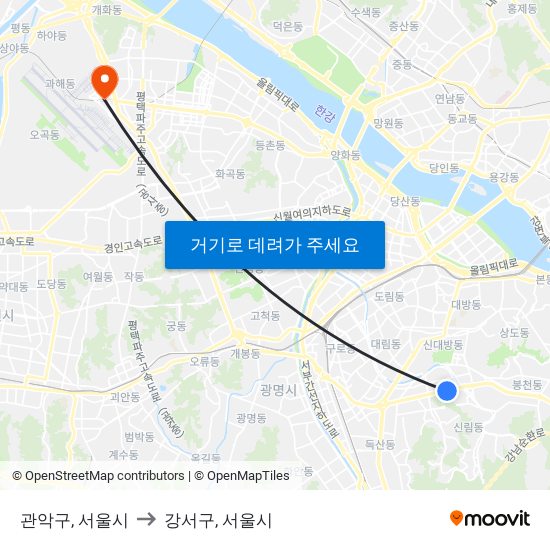 관악구, 서울시 to 강서구, 서울시 map