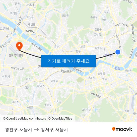 광진구, 서울시 to 강서구, 서울시 map