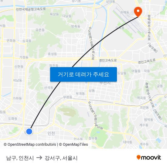 남구, 인천시 to 강서구, 서울시 map