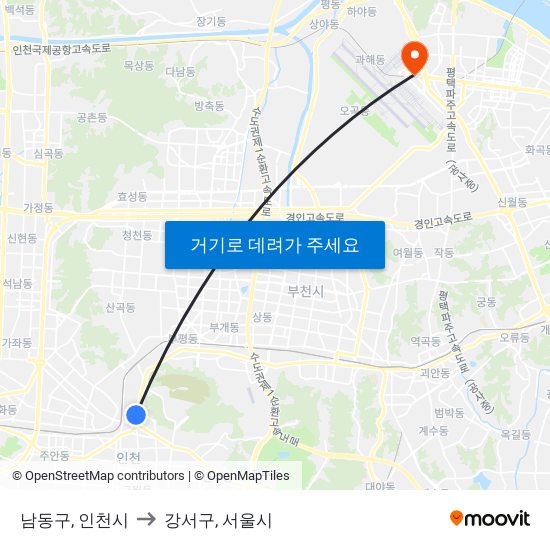 남동구, 인천시 to 강서구, 서울시 map