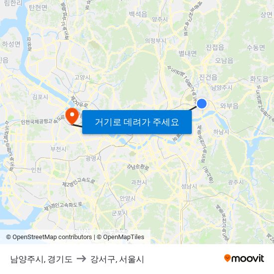 남양주시, 경기도 to 강서구, 서울시 map