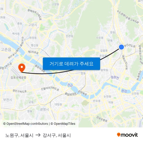 노원구, 서울시 to 강서구, 서울시 map