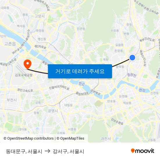 동대문구, 서울시 to 강서구, 서울시 map