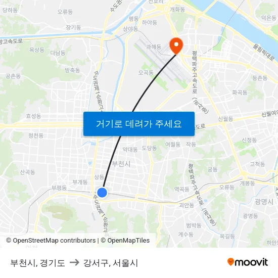 부천시, 경기도 to 강서구, 서울시 map