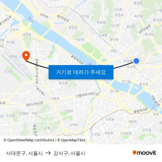 서대문구, 서울시 to 강서구, 서울시 map