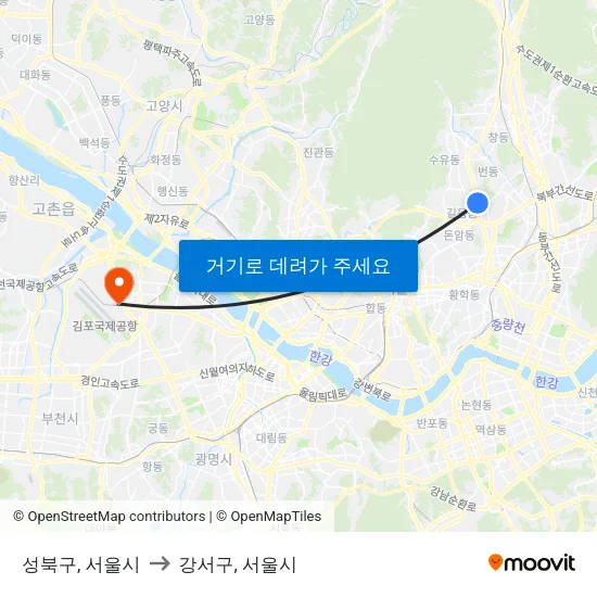 성북구, 서울시 to 강서구, 서울시 map
